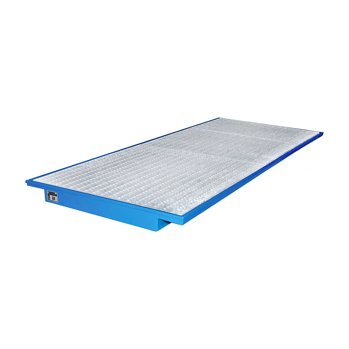 Blue platform with metal grid. The surface is structured with square patterns.