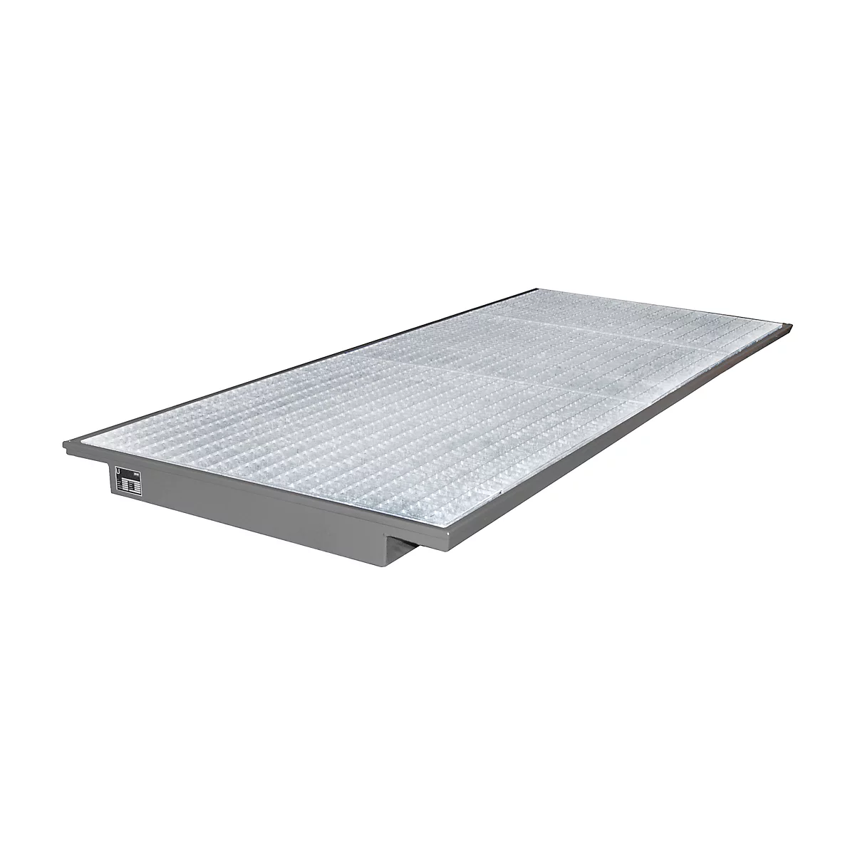 Gray metal plate with textured surface, slightly raised. The plate is rectangular.
