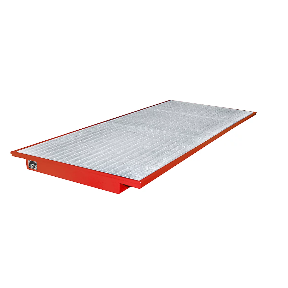 Red platform with metal grid, on a white background.