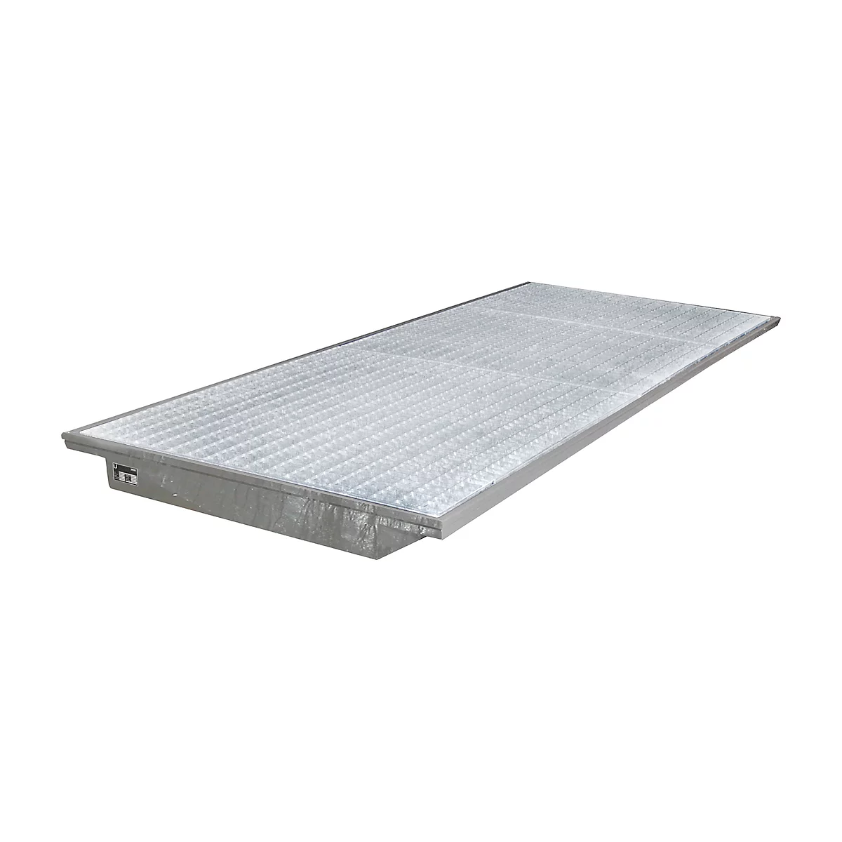 A rectangular, metallic grating against a white background.