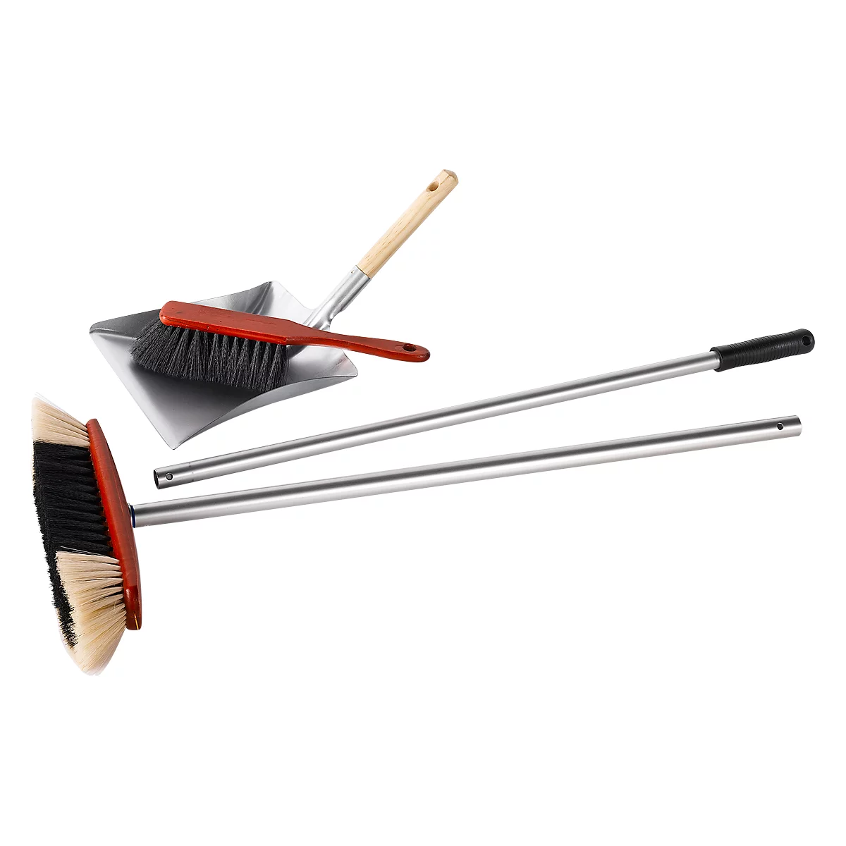 Broom, hand brush and dustpan on white background. The broom has red and light bristles. Hand brush and dustpan are red and silver.