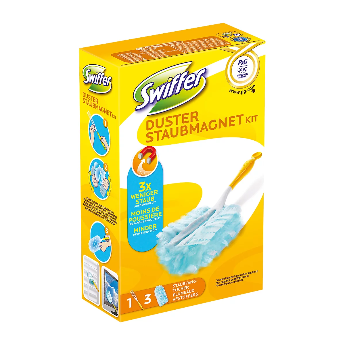 Gele Swiffer Duster Staubmagnet Kit verpakking met reinigingsborstel. Productafbeelding met blauw en geel kleurenschema.