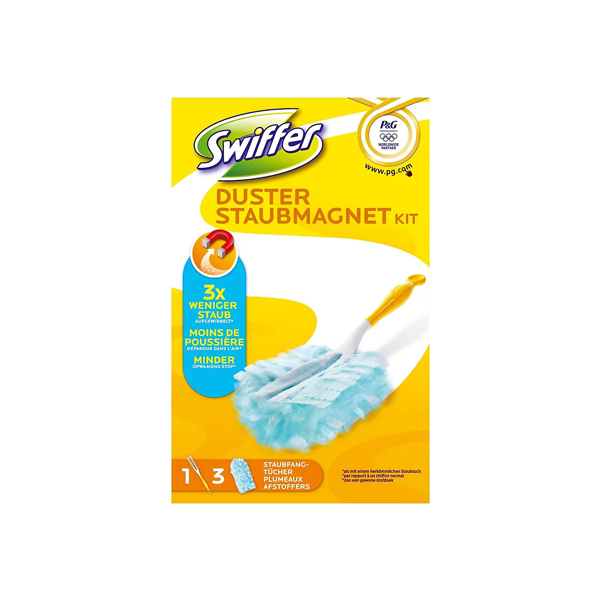 Emballage du kit Swiffer attrape-poussière, jaune et bleu. L'image présente un plumeau avec un manche jaune et des fibres turquoise.