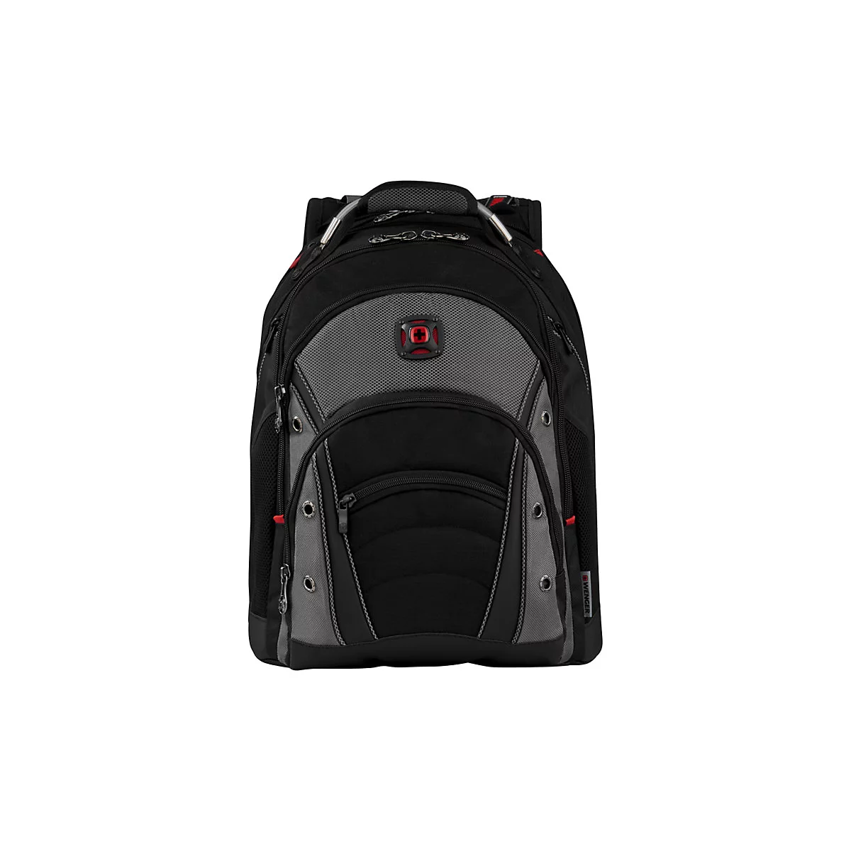 Schwarzer Rucksack mit grauen Akzenten, rotem Logo und ReiÃŸverschlÃ¼ssen.