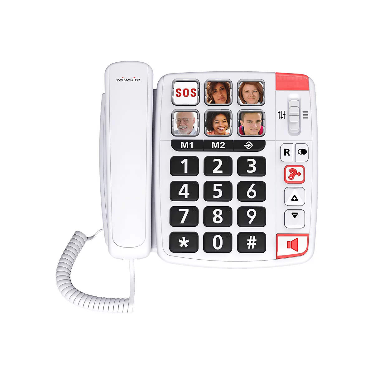 WeiÃŸes Seniorentelefon mit groÃŸen Tasten, SOS-Knopf und Fotos von Personen. Roter Akzent.