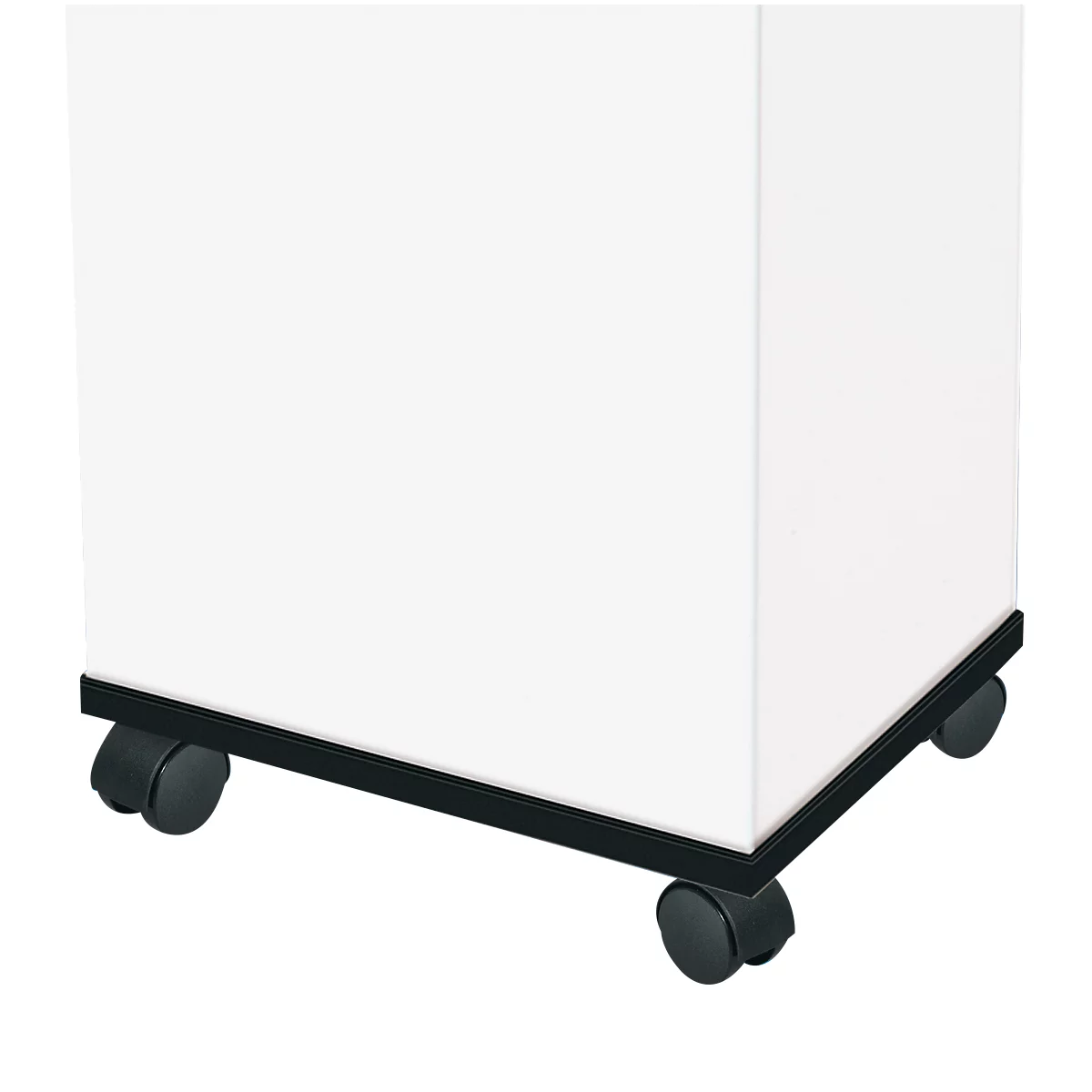 A white cabinet on four black wheels. The image shows a section of the corner.