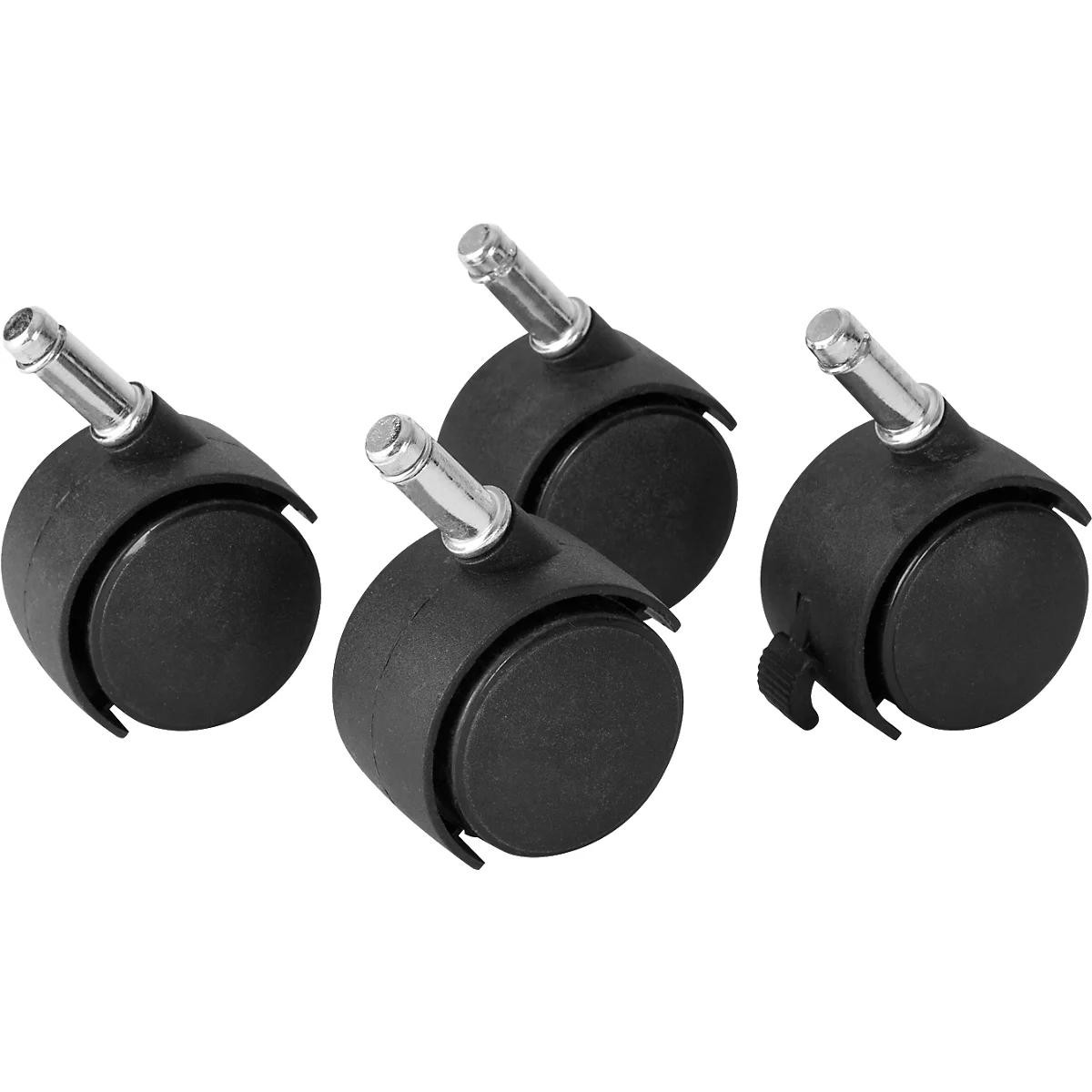 Four black chair casters. Each caster has a round shape with a silver pin for attachment.