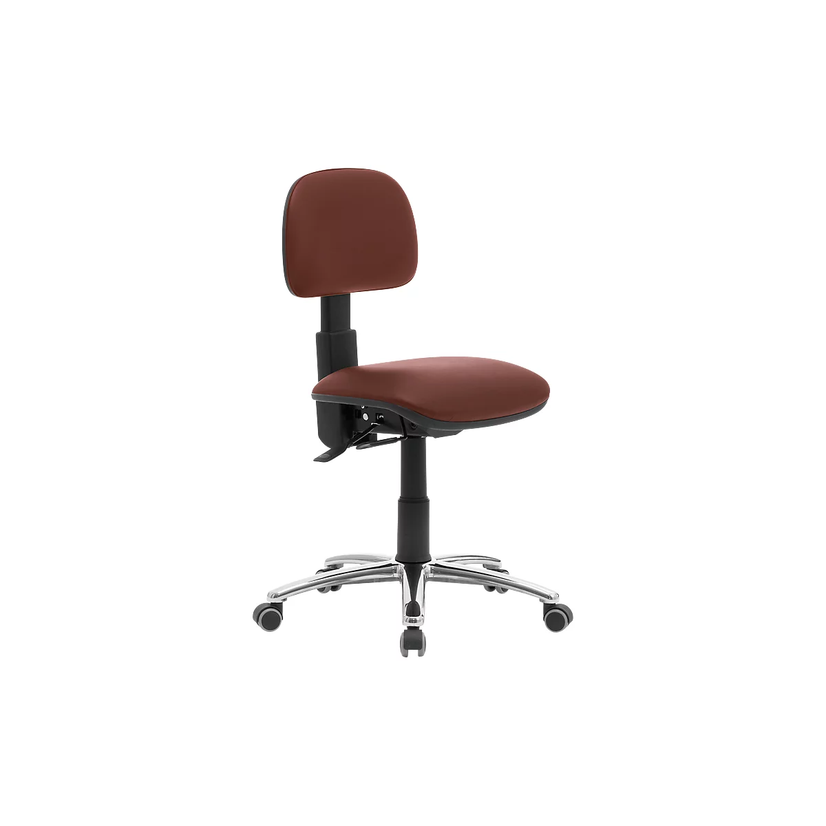 Office chair with brown seat and backrest. Black frame and silver base with castors.