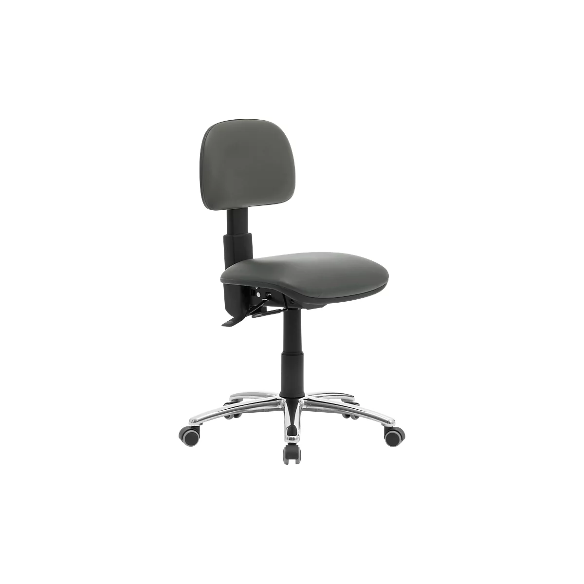 An office chair with a gray seat and backrest, black frame and chrome foot cross. The chair stands against a white background.