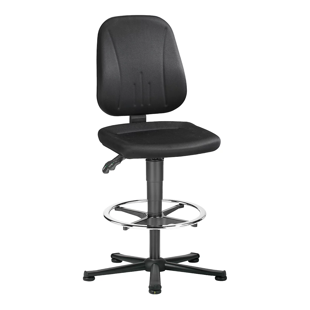 Black ergonomic swivel chair with backrest, seat, footrest, and base. Lever for height adjustment.