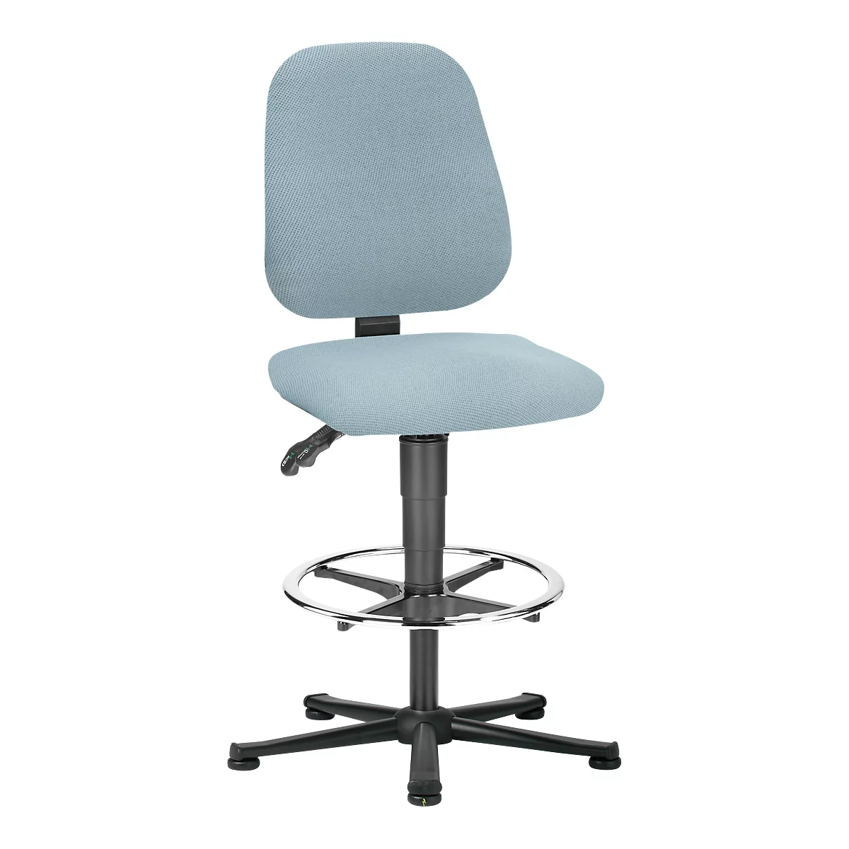 Light blue office chair with backrest, seat and footrest, in front of white background.
