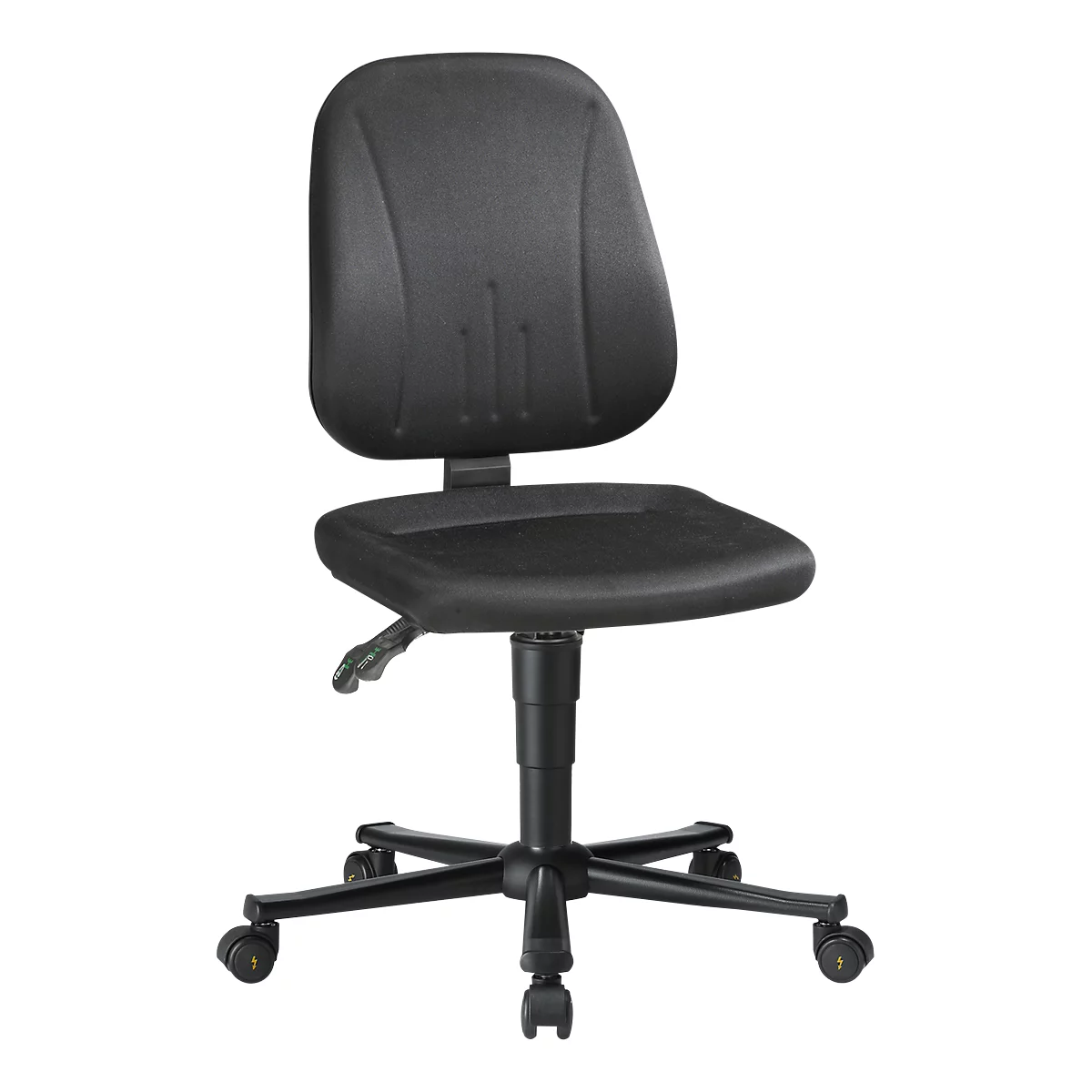 Black office chair with wheels, backrest, and seat. Adjustment lever on the right side.