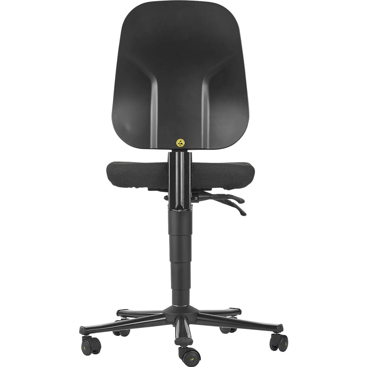 Black office chair, back view. With backrest, armrest, castors. Yellow ESD symbol.