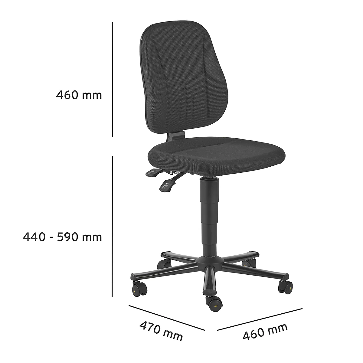 Black office chair with height information: 460 mm, 440-590 mm and dimensions: 470 mm x 460 mm.
