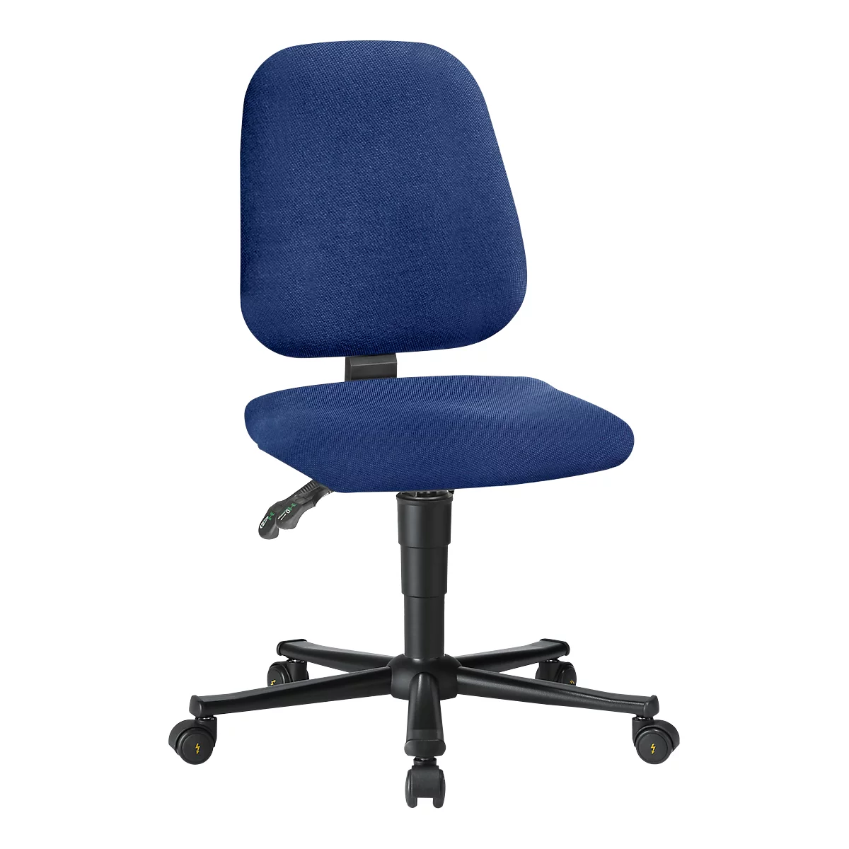 Blue office chair. Upholstery and backrest. Black frame, height adjustable, with wheels.