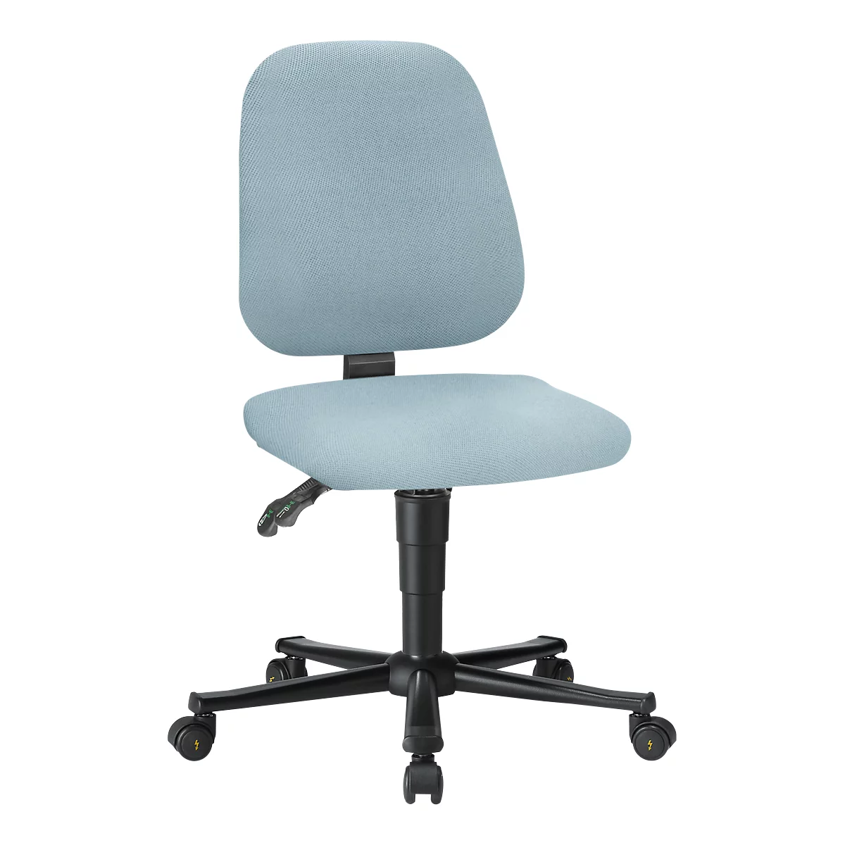 Light blue office chair with black frame and wheels. Backrest and seat padded.