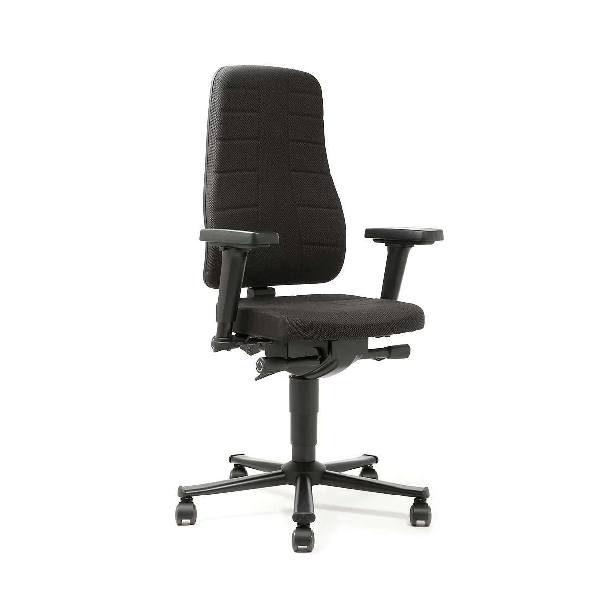 Black office chair against white backdrop. High backrest, armrests, wheels.