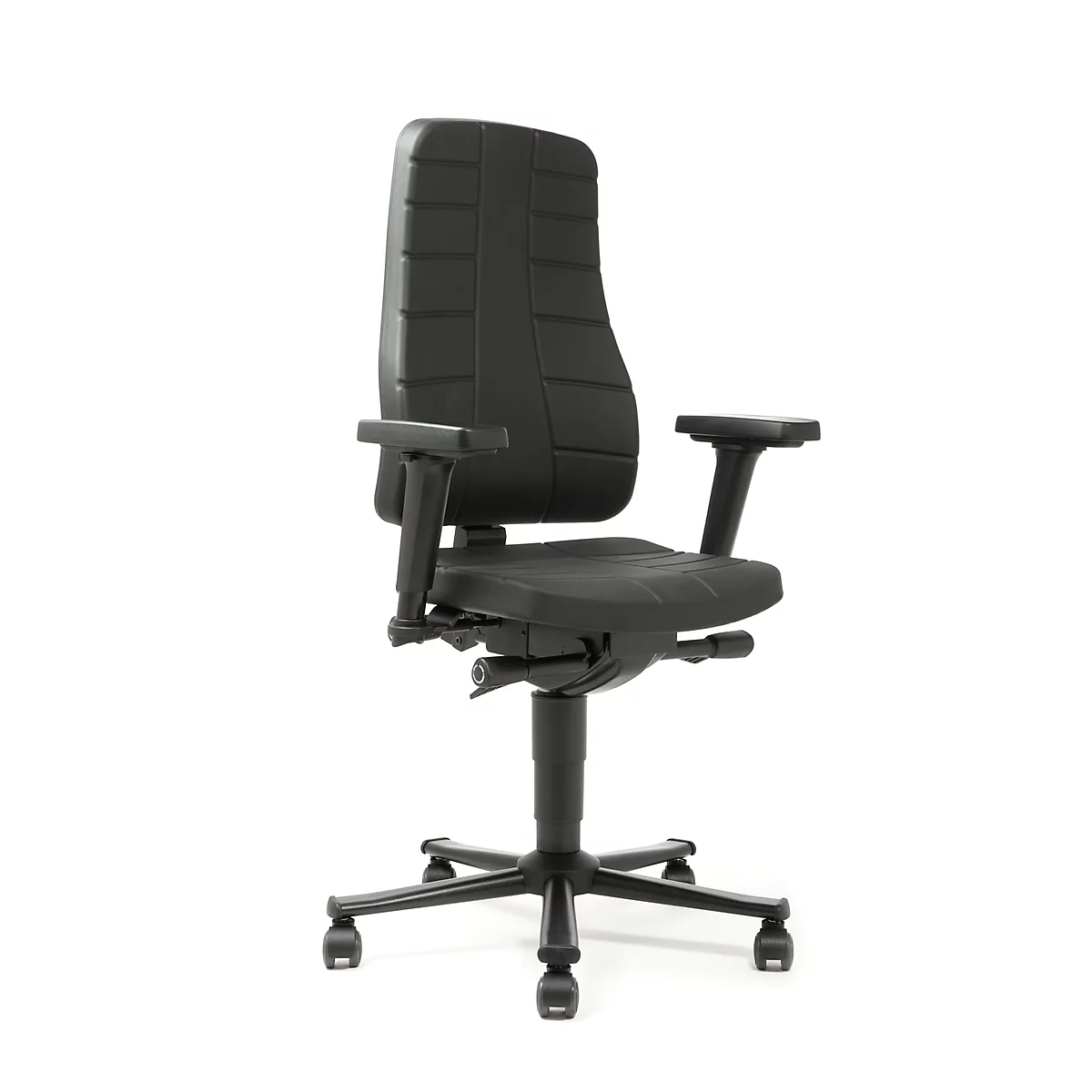 Black office chair with high back and armrests, on a white background.