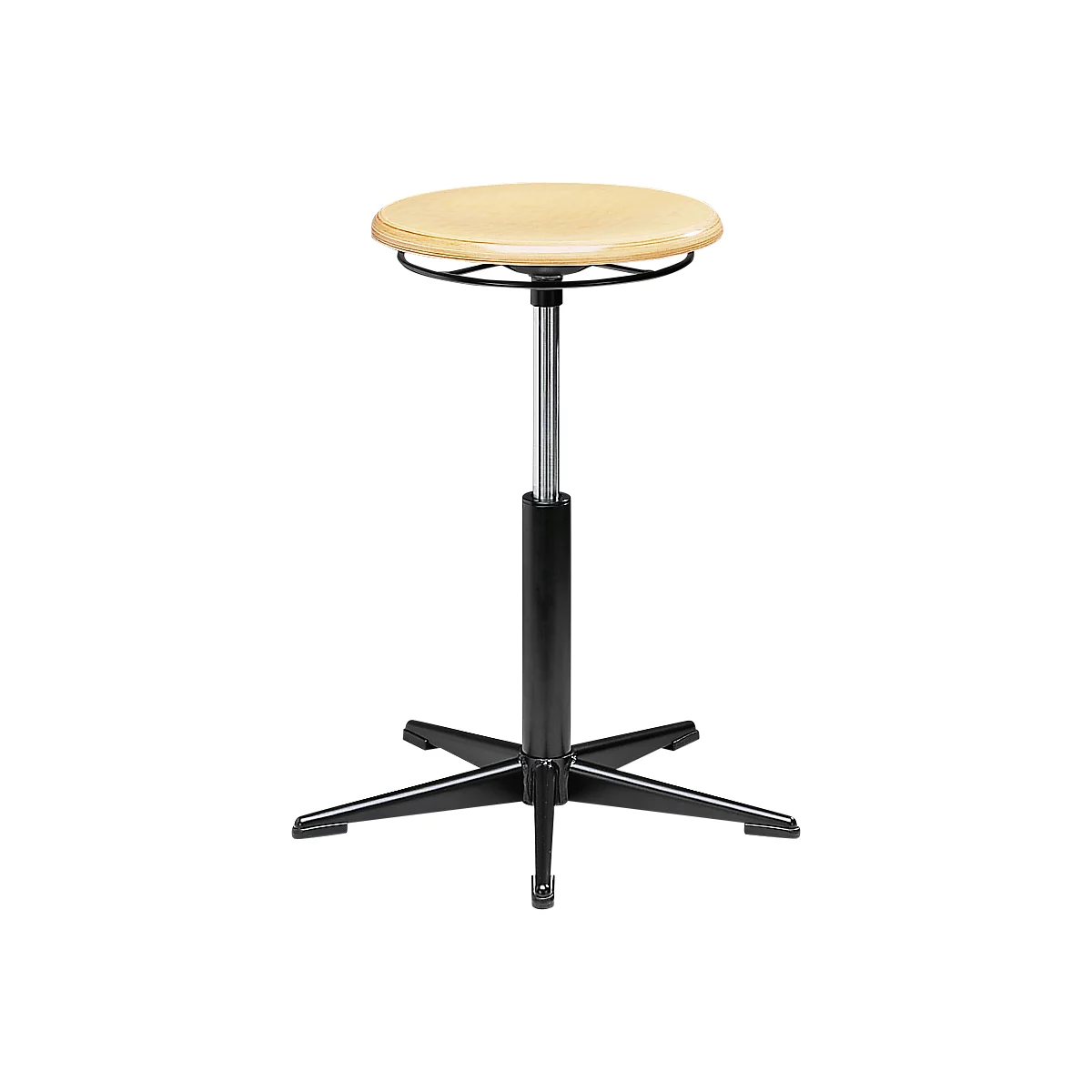 An adjustable stool with wooden seat and black frame.