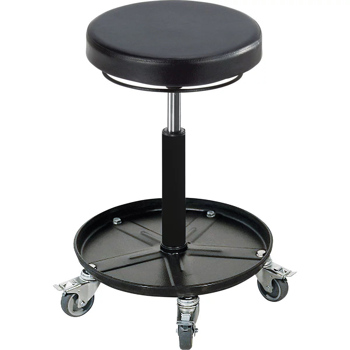 Black workshop stool with rolling base. Round seat, height adjustable. Black storage surface for tools.