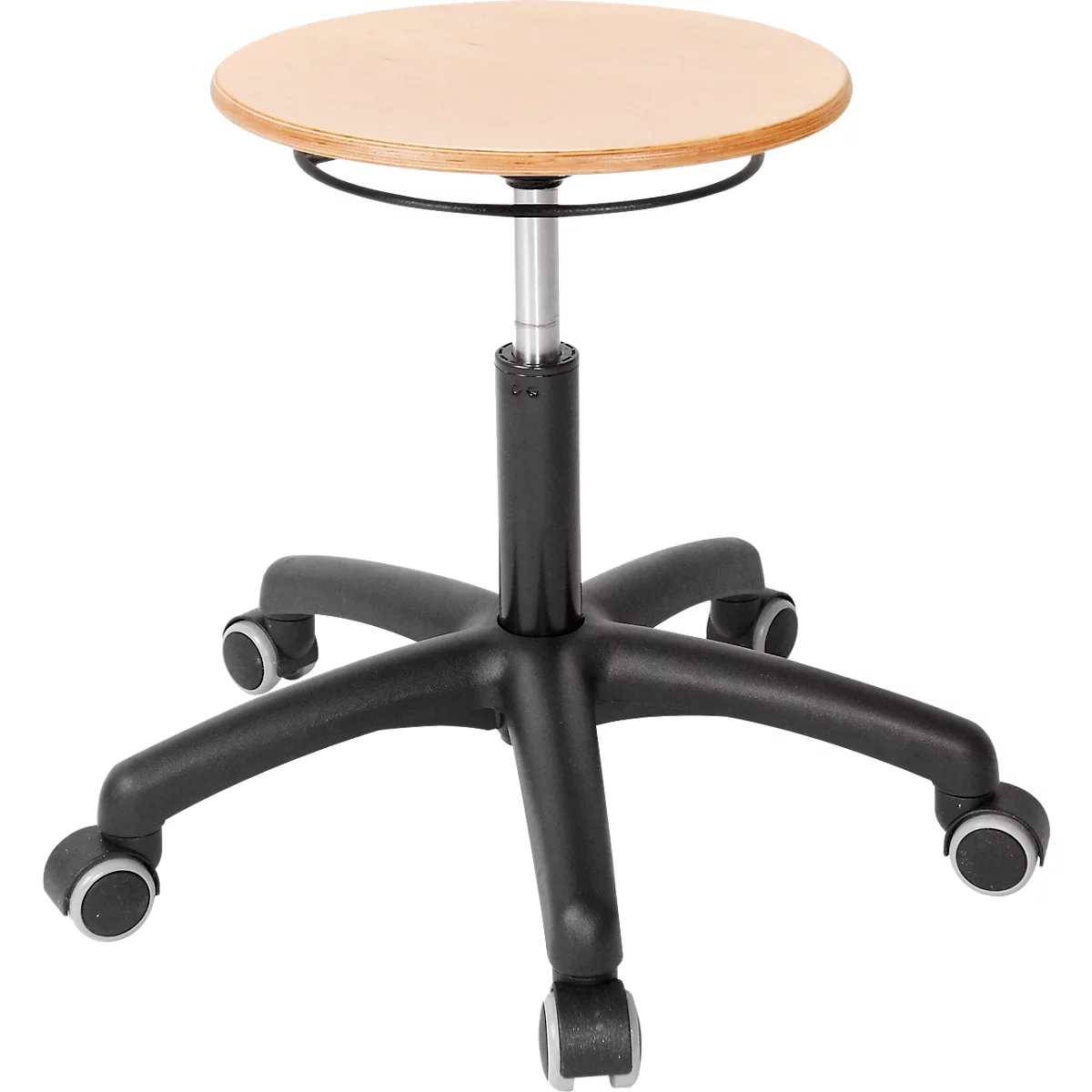 Stool with round seat, wood look. Black frame with castors. Height adjustable.
