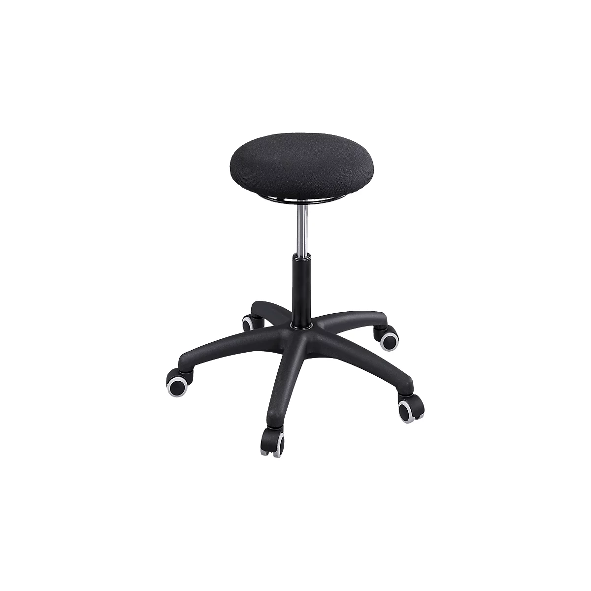 Black stool with wheels. Round seat. Five legs with wheels.