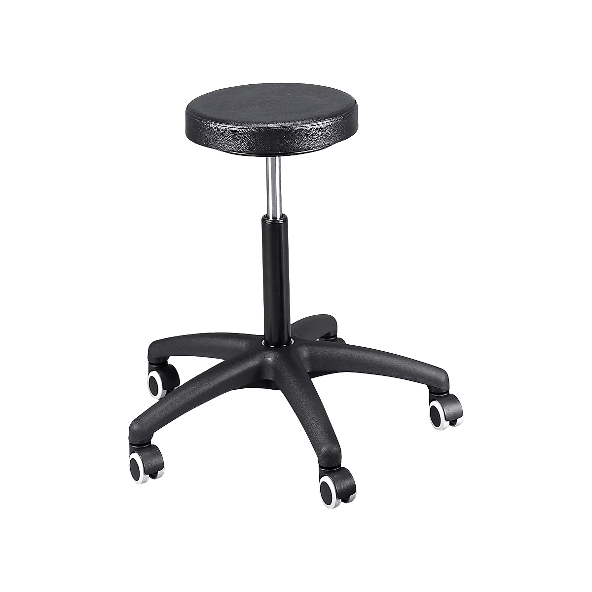 Black work chair with casters. The round seat is padded, below is a height-adjustable column. The base has five arms with white casters.