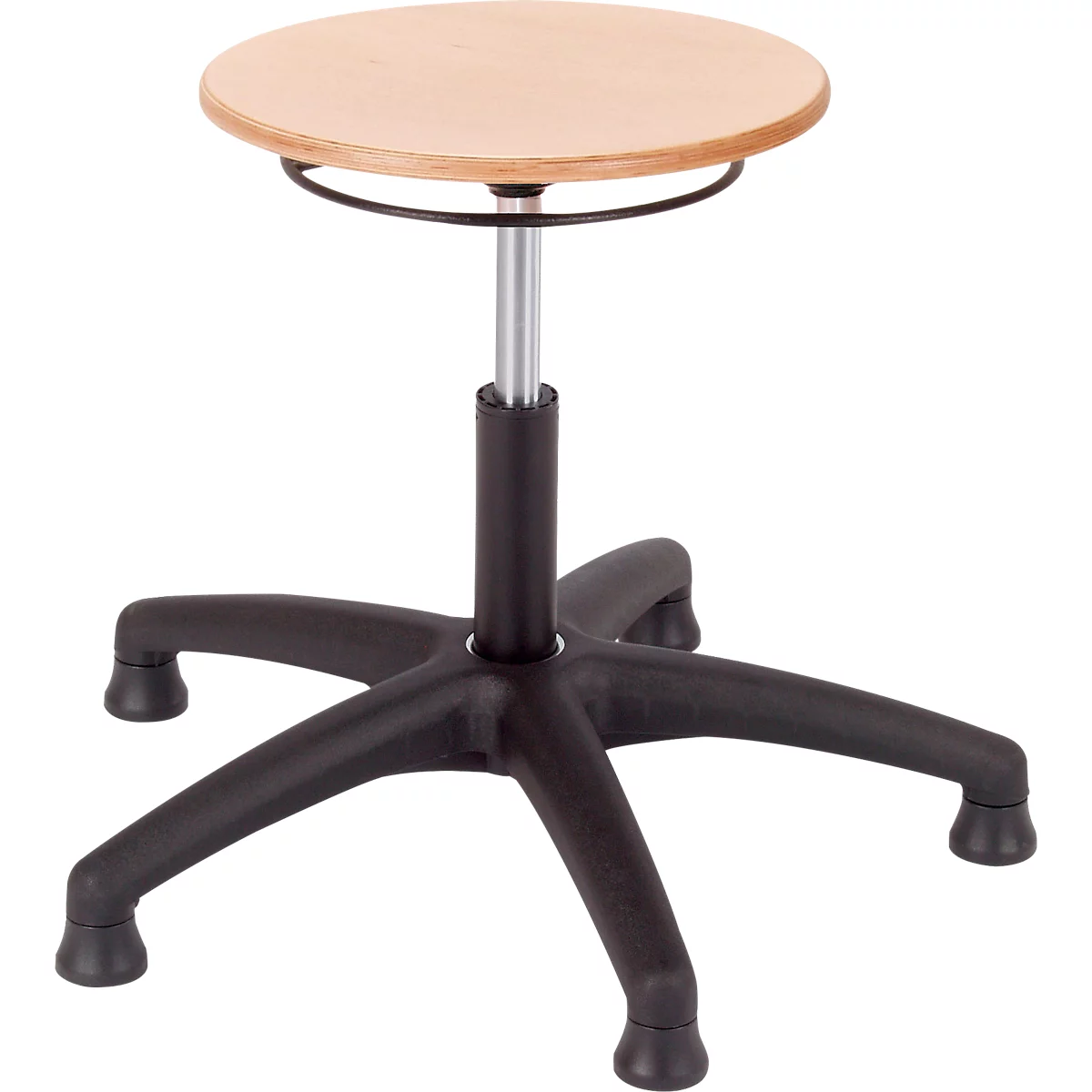 An adjustable stool, wooden seat, black plastic frame.