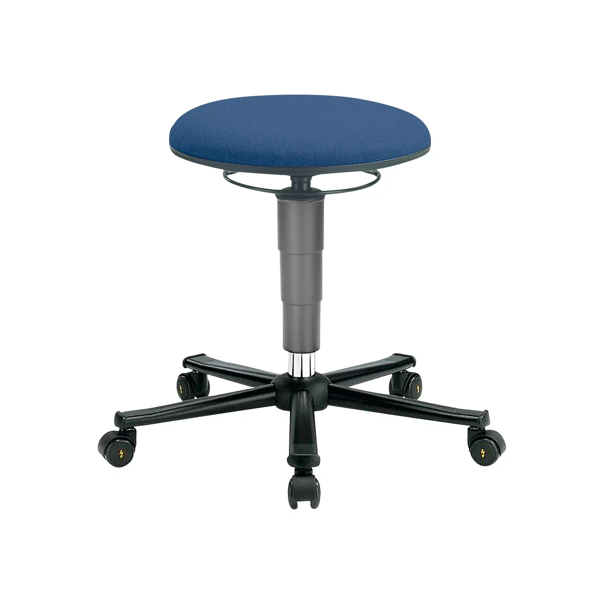 A blue swivel stool against a white background. It has a round seat, gray column and black base with castors.