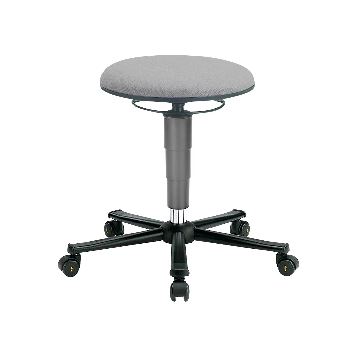A gray swivel stool with wheels. The seat is round and padded, the frame is made of metal.