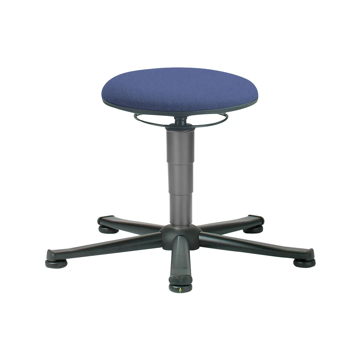 Blue, round seat stool with five-legged black base, adjustable support.