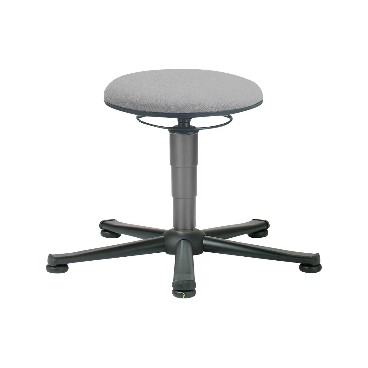 An adjustable grey stool with a 5-arm black base.