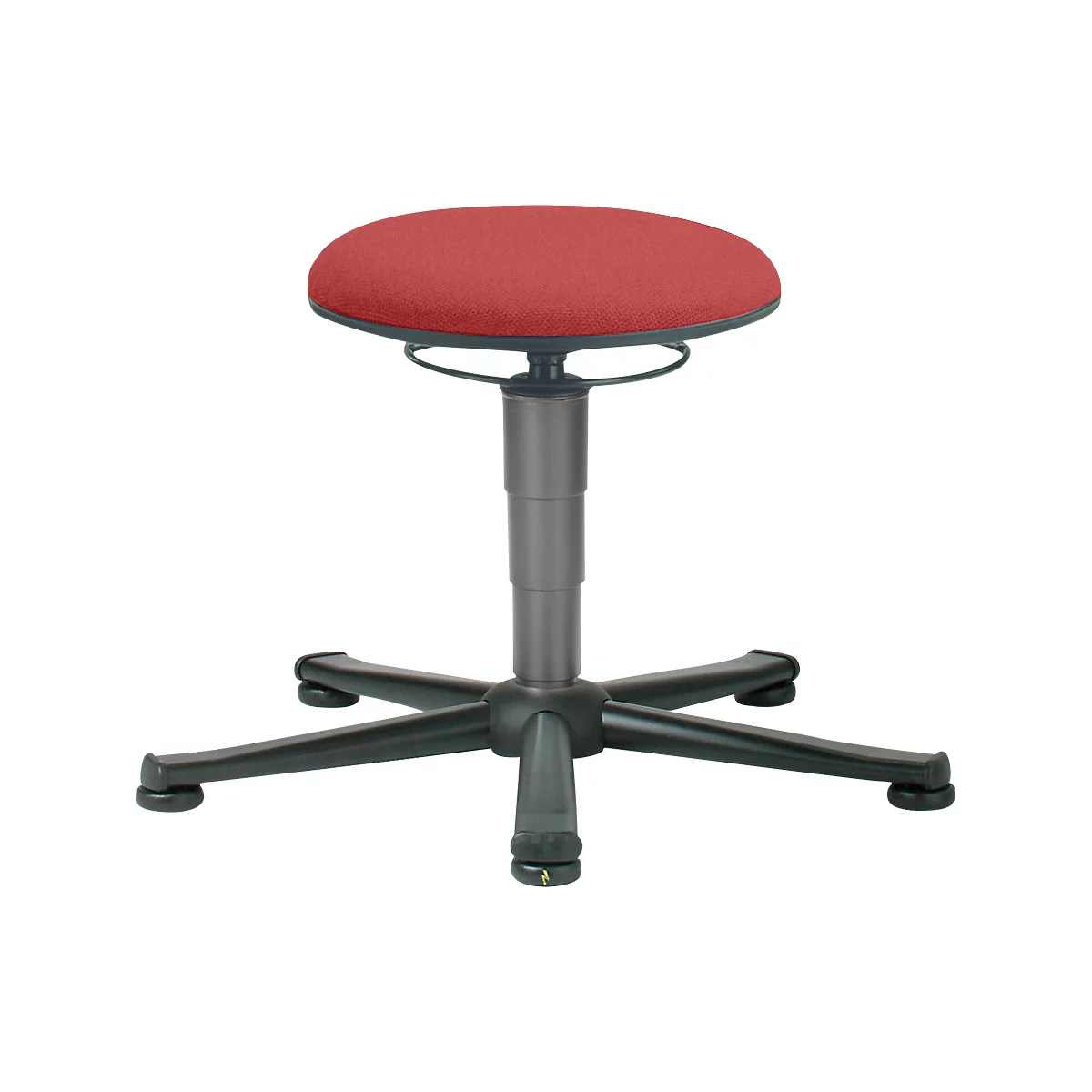 An adjustable stool with a red seat, grey pillar, and black base.
