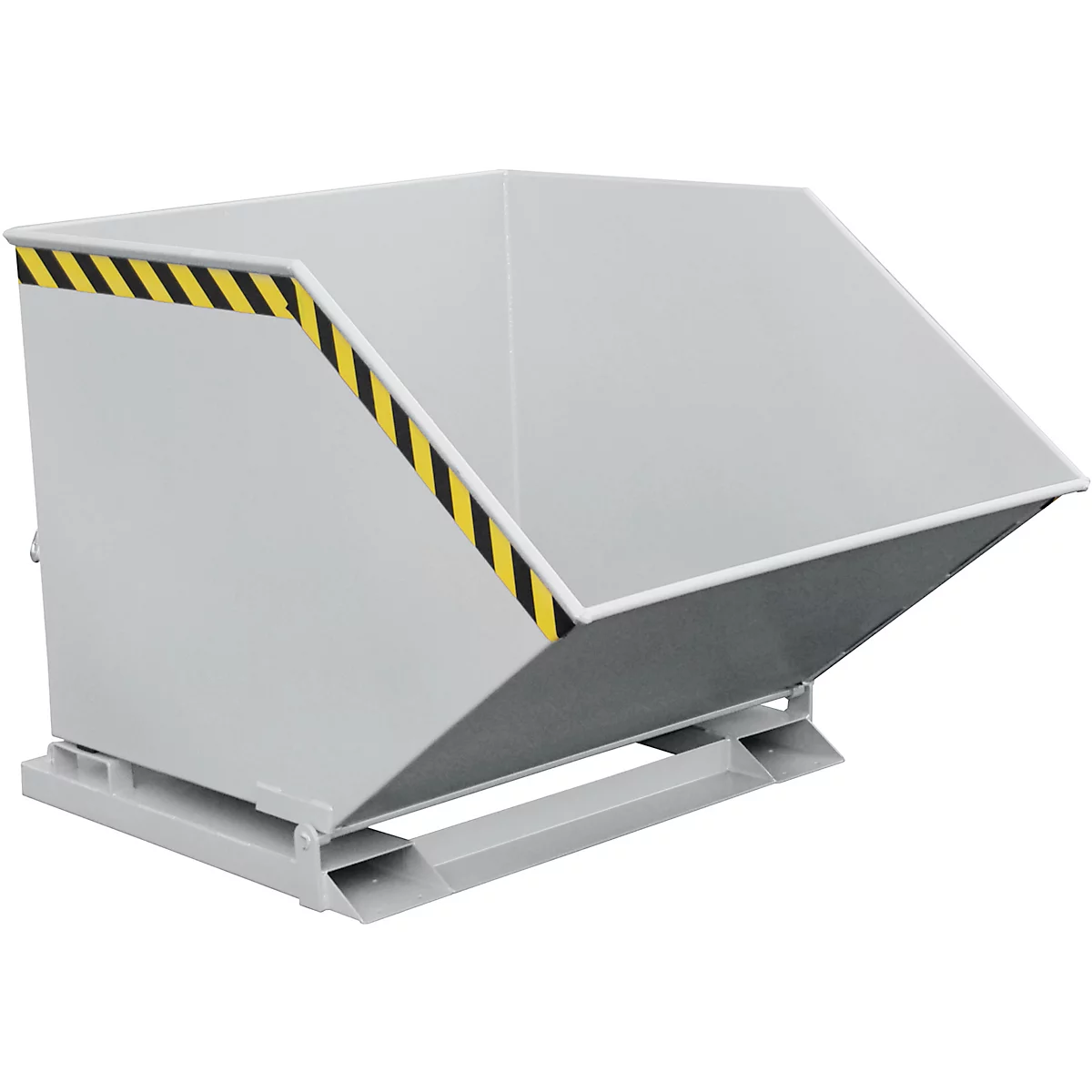 Gray tipping container with angled top. Yellow and black warning stripes on the edge.