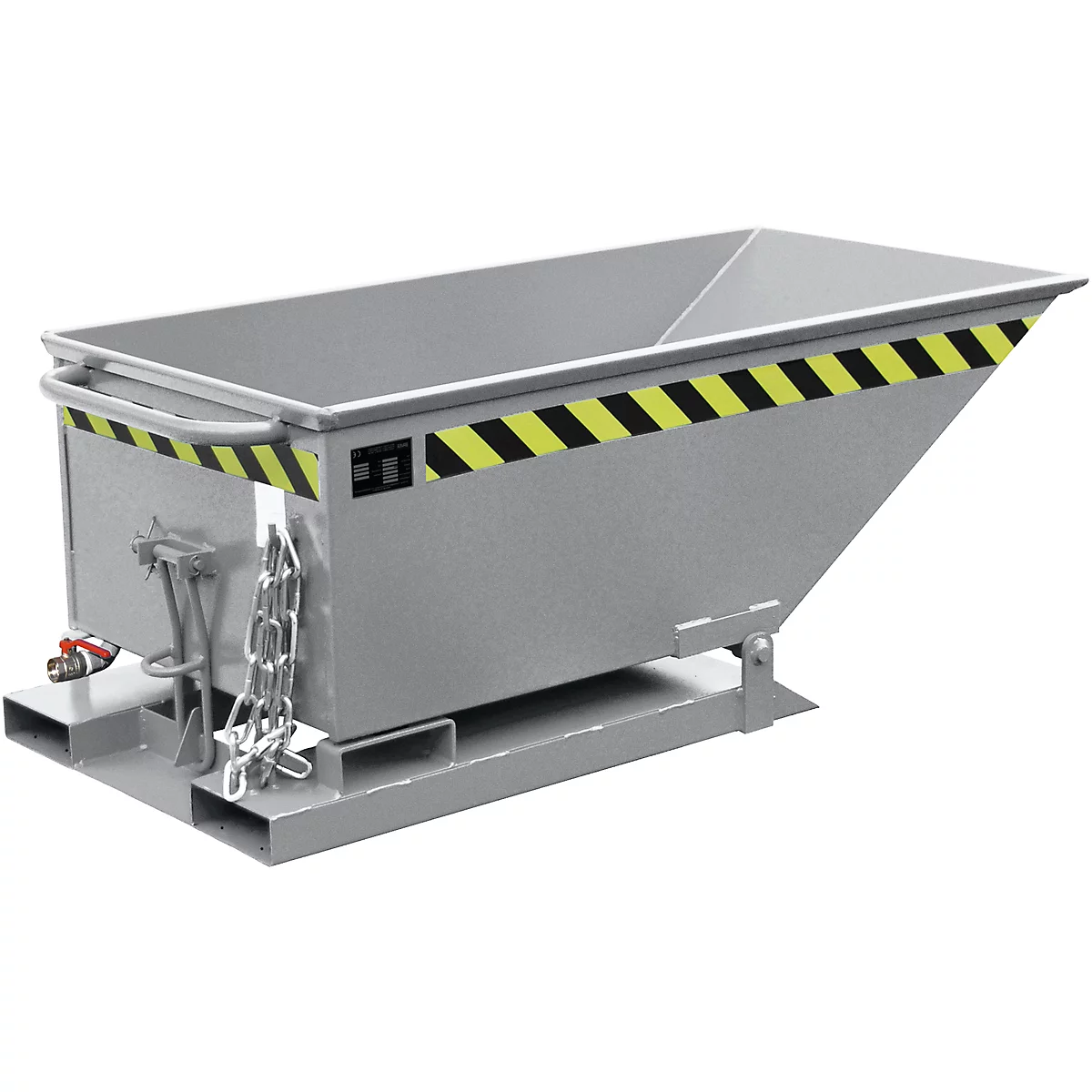 Gray tipping container, yellow-black marked, on a base. Chain and faucet on the side. Rectangular shape, inclined.