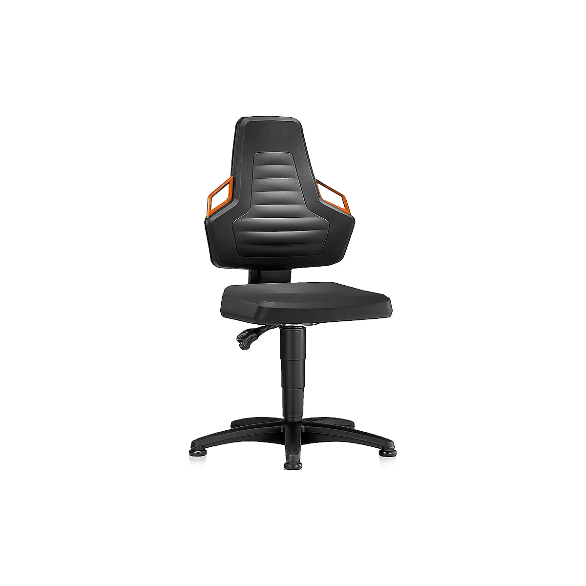 Black office chair with orange armrests, front view.