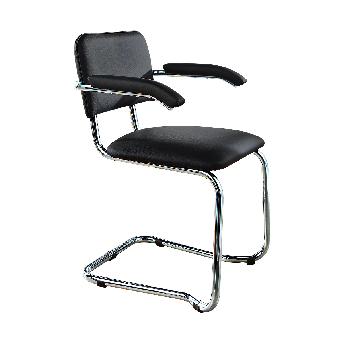 Black cantilever chair with armrests. Chrome frame, seat and backrest made of leather.