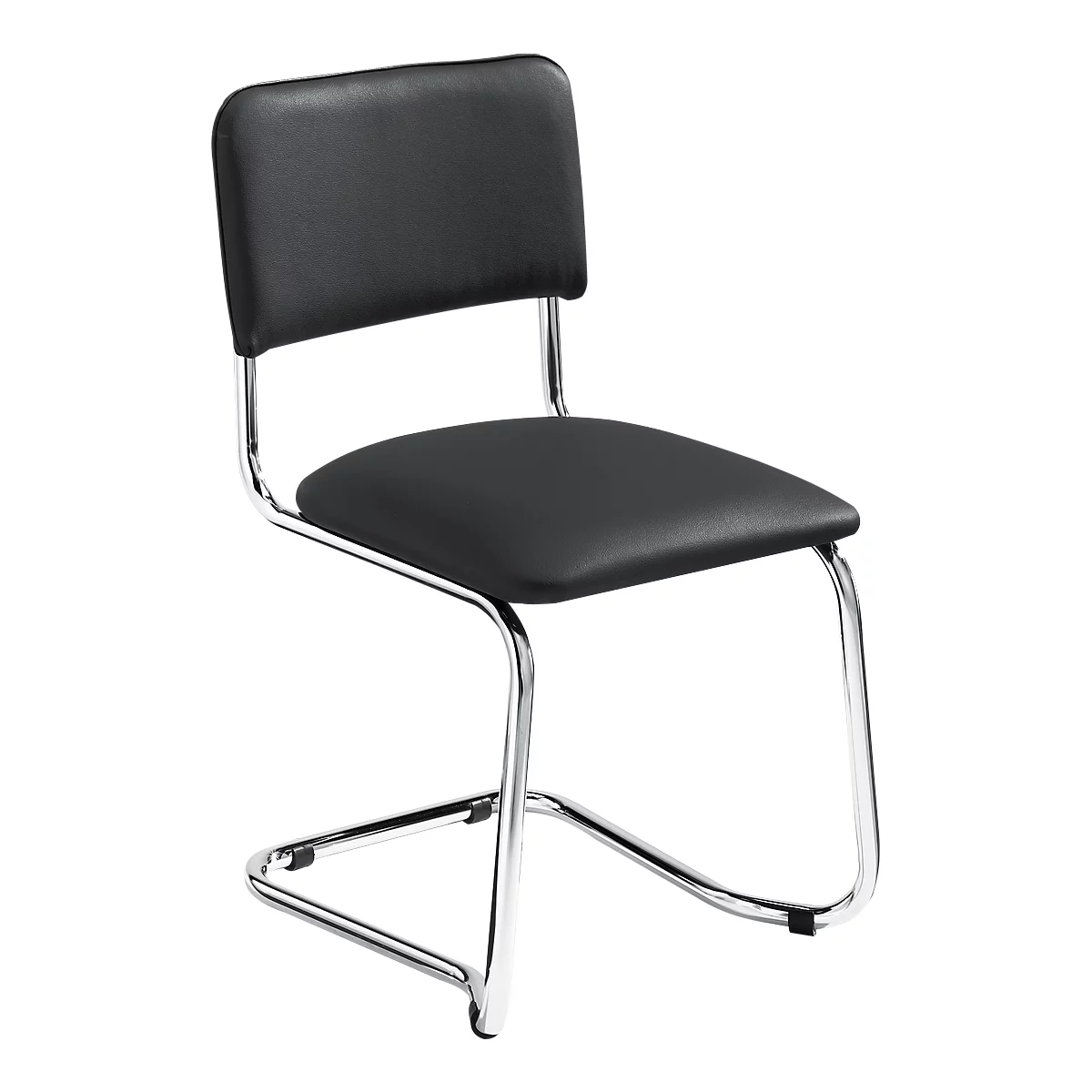 Black cantilever chair with chrome frame.