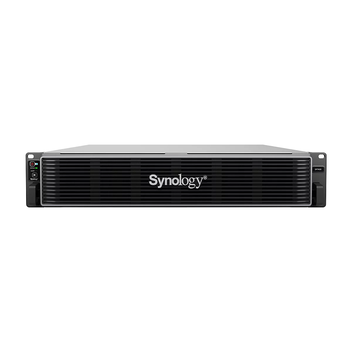 Ein schwarzes Synology NAS-Gerät. Auf der Vorderseite befindet sich der Schriftzug "Synology".