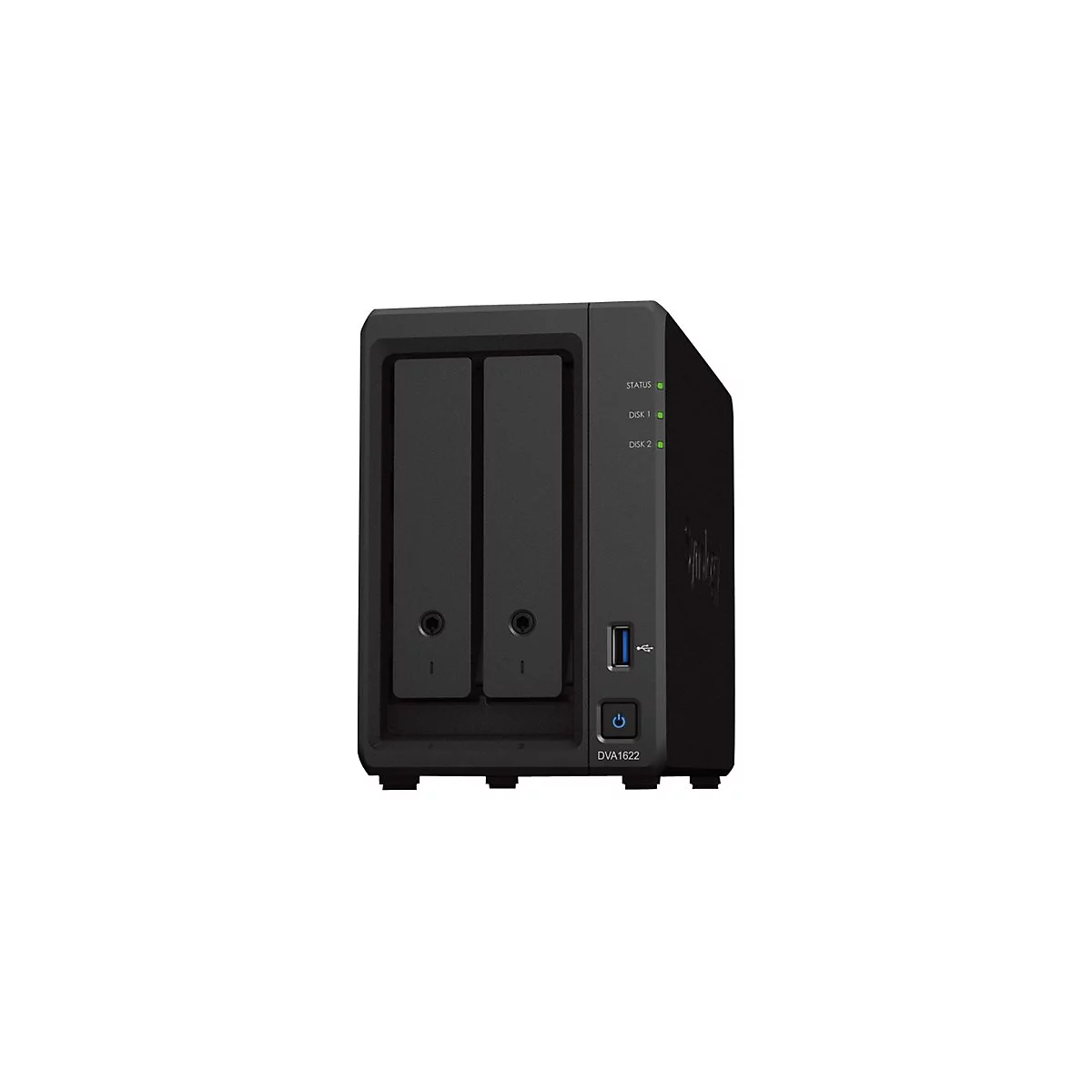 Schwarzes NAS-Gehäuse mit zwei Festplatteneinschüben, USB-Anschluss, Power-Button und Statusanzeigen.