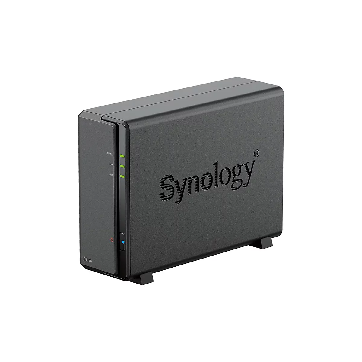 Schwarzes NAS-System von Synology. Auf der Vorderseite sind LEDs und das Modell DS124 zu sehen.
