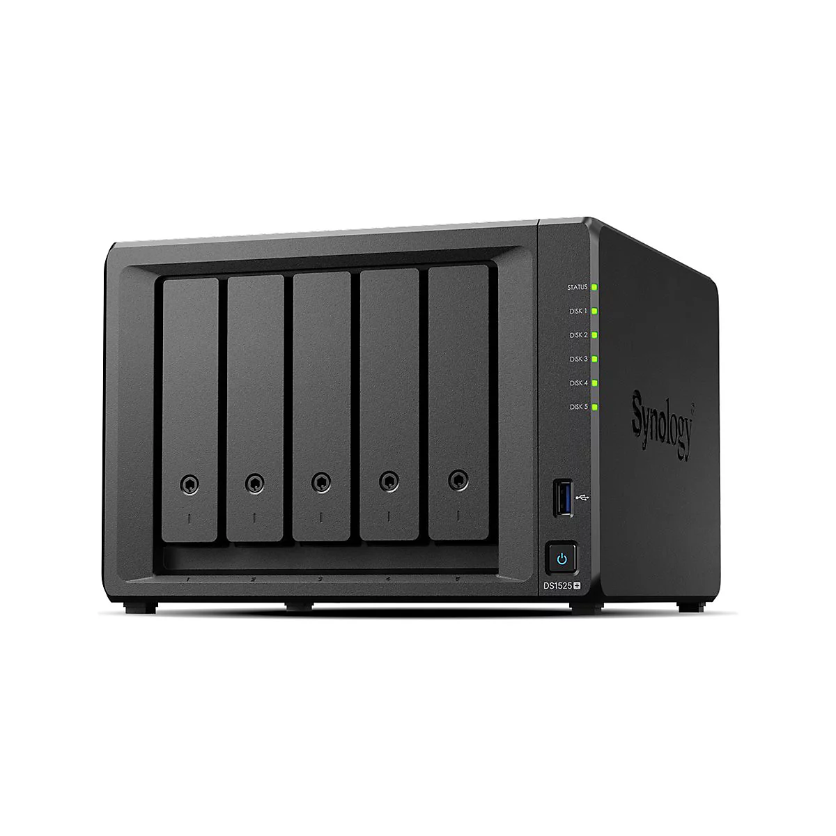 Schwarzes NAS-Gerät mit fünf Einschüben, Status- und Festplattenanzeige. Logo Synology, Modell DS1525.