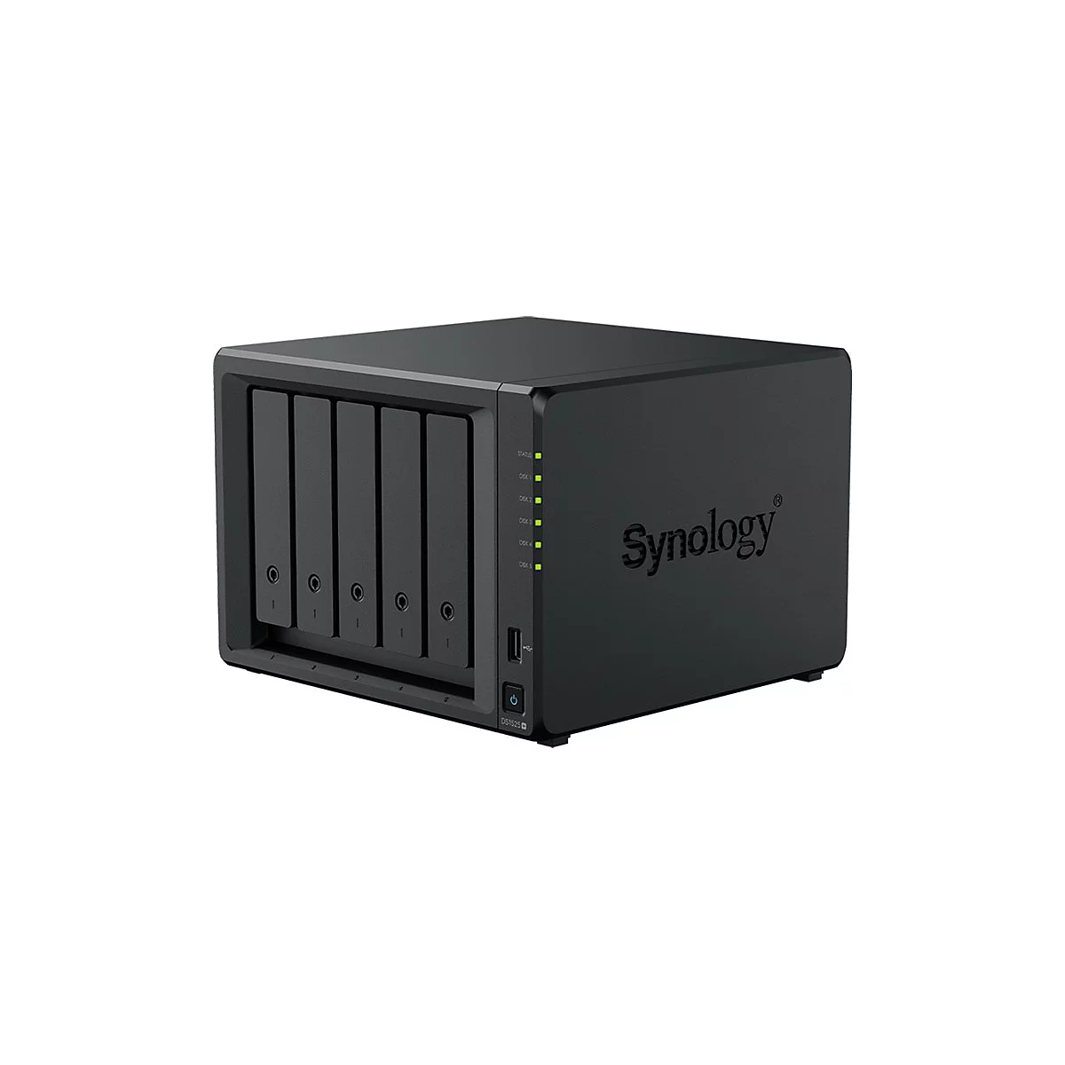 Schwarzes NAS-Gerät mit 5 Einschüben und Synology-Logo. Grüne LED-Leuchten und USB-Anschluss sichtbar.