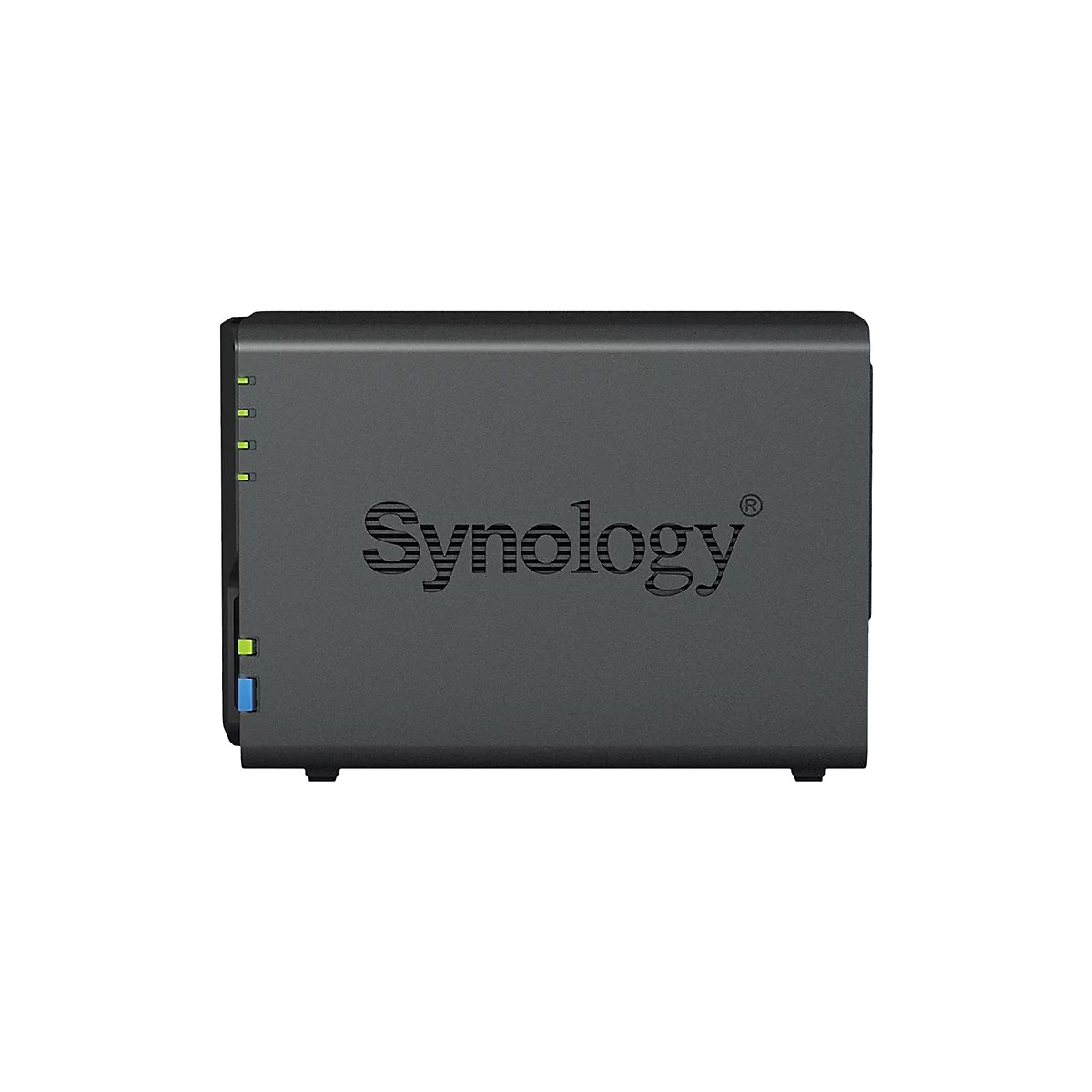 Dunkelgraues NAS-System von Synology, mit Logo und LED-Leuchten. Das Gerät hat eine rechteckige Form.
