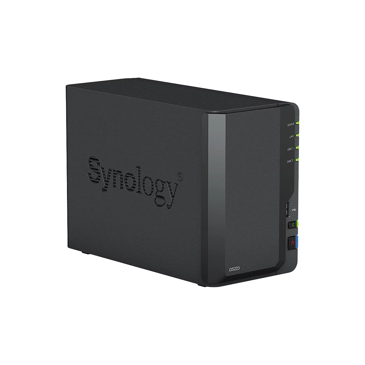Ein schwarzes NAS-Gerät von Synology. Auf der Vorderseite ist der Schriftzug „Synology“ eingeprägt. An der Seite befinden sich Status-LEDs und ein Einschaltknopf.