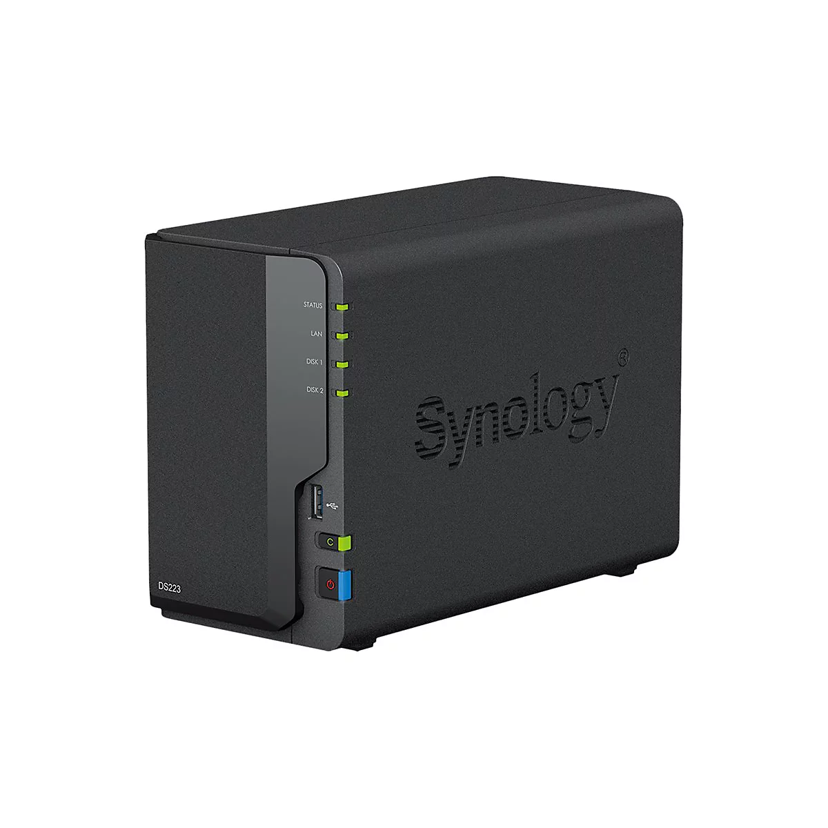 Schwarzer Synology NAS-Server. Frontseite mit Statusleuchten, USB-Anschluss und Power-Button. "DS223" auf der Front.