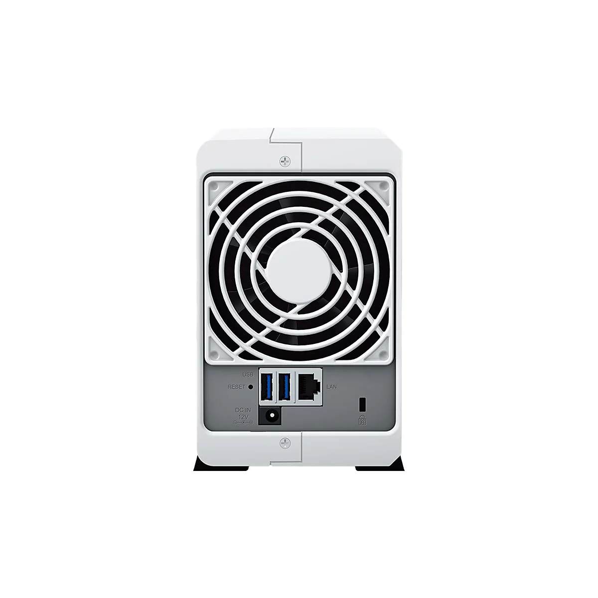 Rückseite eines weißen NAS-Geräts mit Lüfter, Anschlüssen und Beschriftungen: USB, LAN, DC IN.
