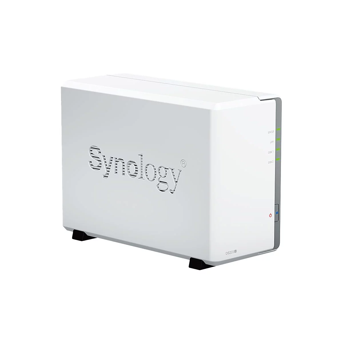 Weißes Synology NAS-Gerät. Auf der Vorderseite befindet sich der Schriftzug Synology. Auf der Seite sind Kontrollleuchten.