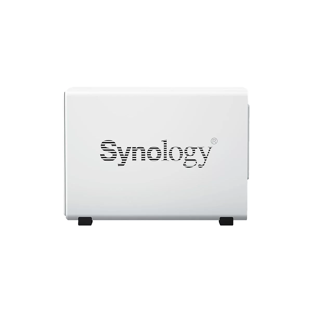 Ein weißes NAS-Gerät von Synology mit dem Firmenlogo, schwarze Füße.