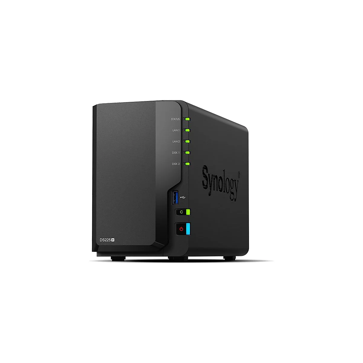 Schwarzes NAS-Gerät von Synology mit grünen Kontrollleuchten und Logo, USB-Anschluss, und Einschaltknopf auf weißem Hintergrund.